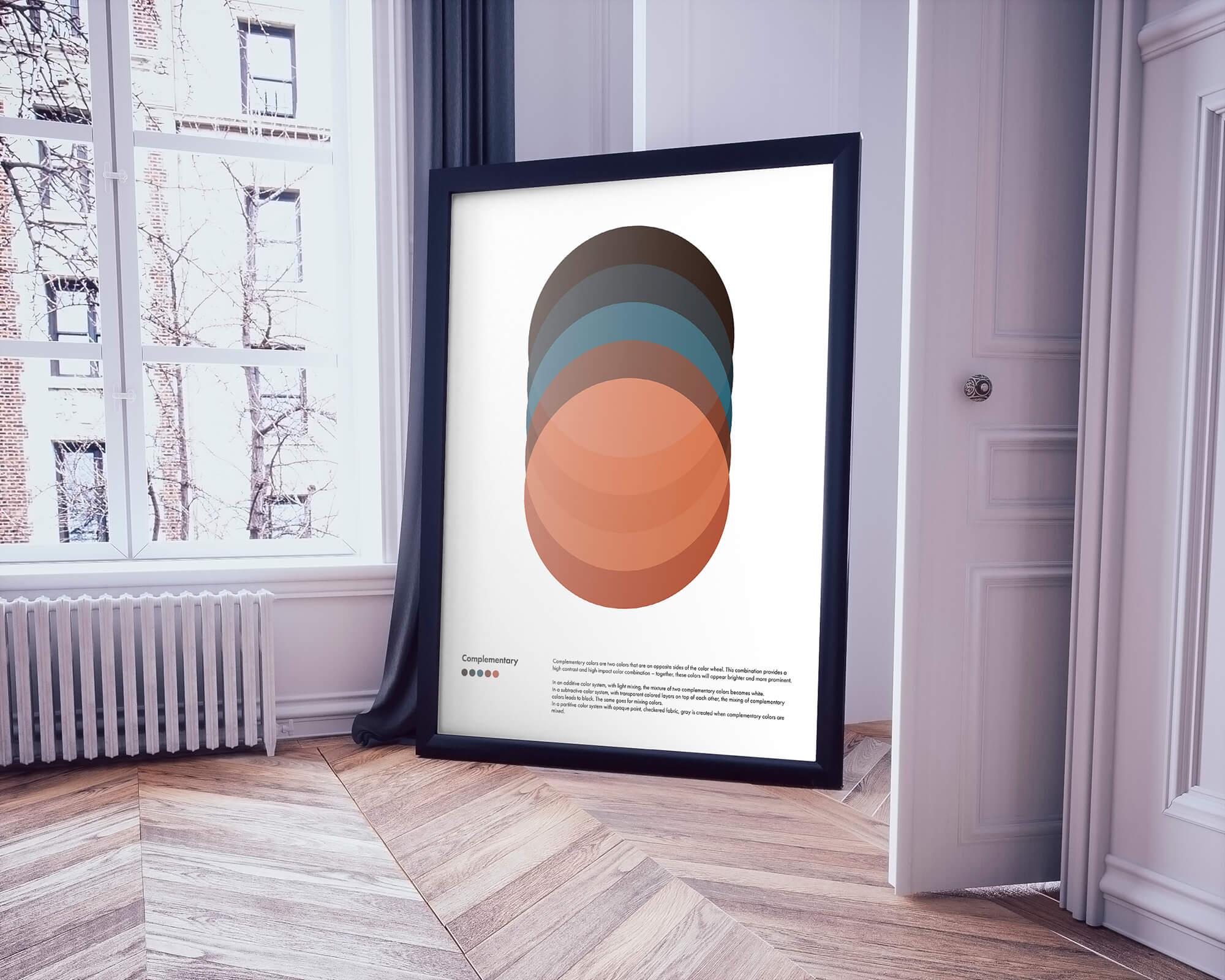 Minimalistische poster met transparante cirkels in complementaire kleuren
