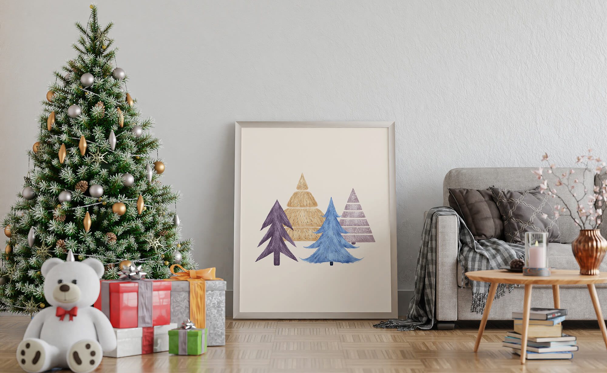 poster met kleurrijke kerstbomen met watercolor effect