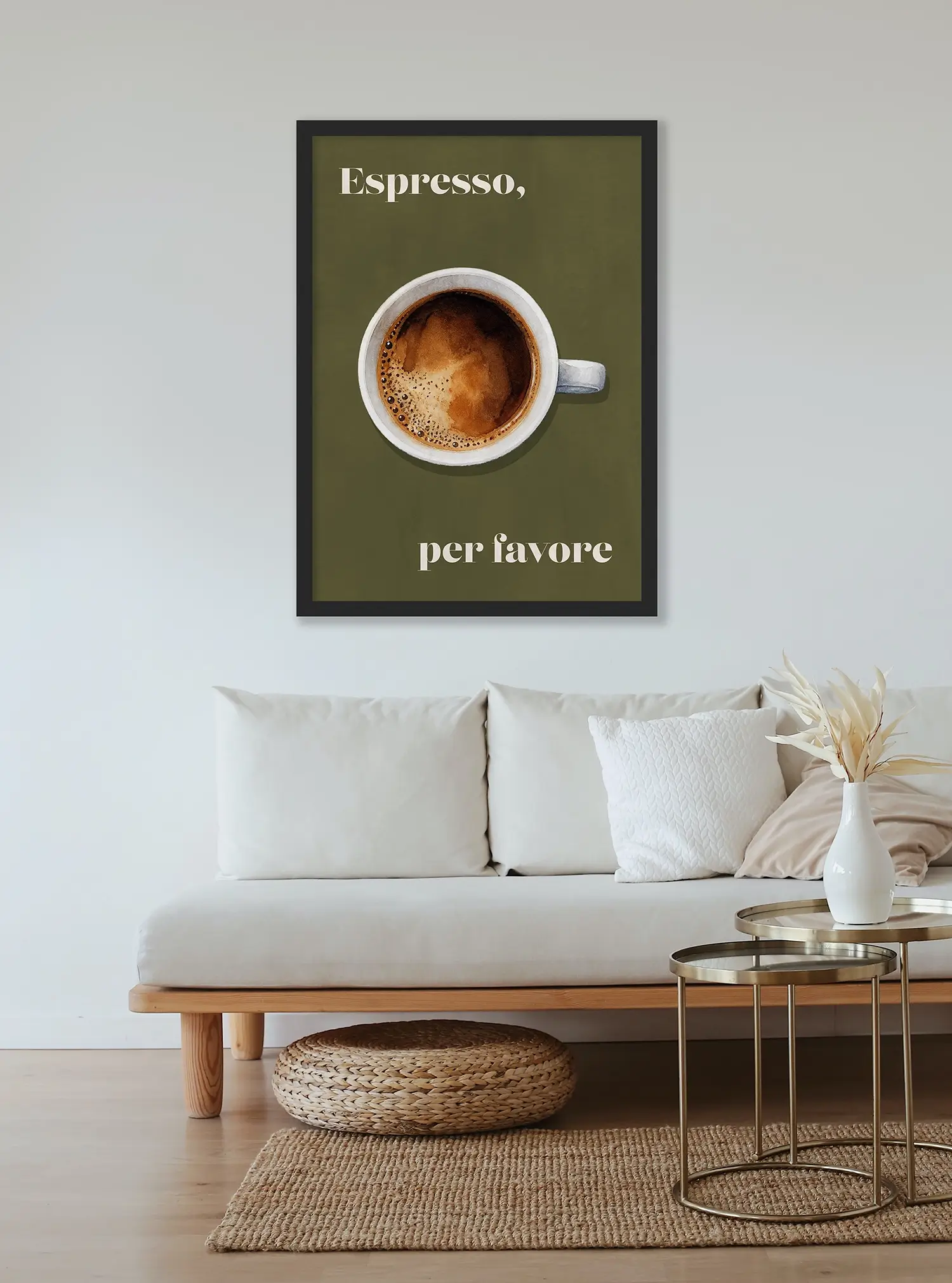 Koffie poster Espresso, per favore met een espresso in aquarelstijl op olijfgroen
